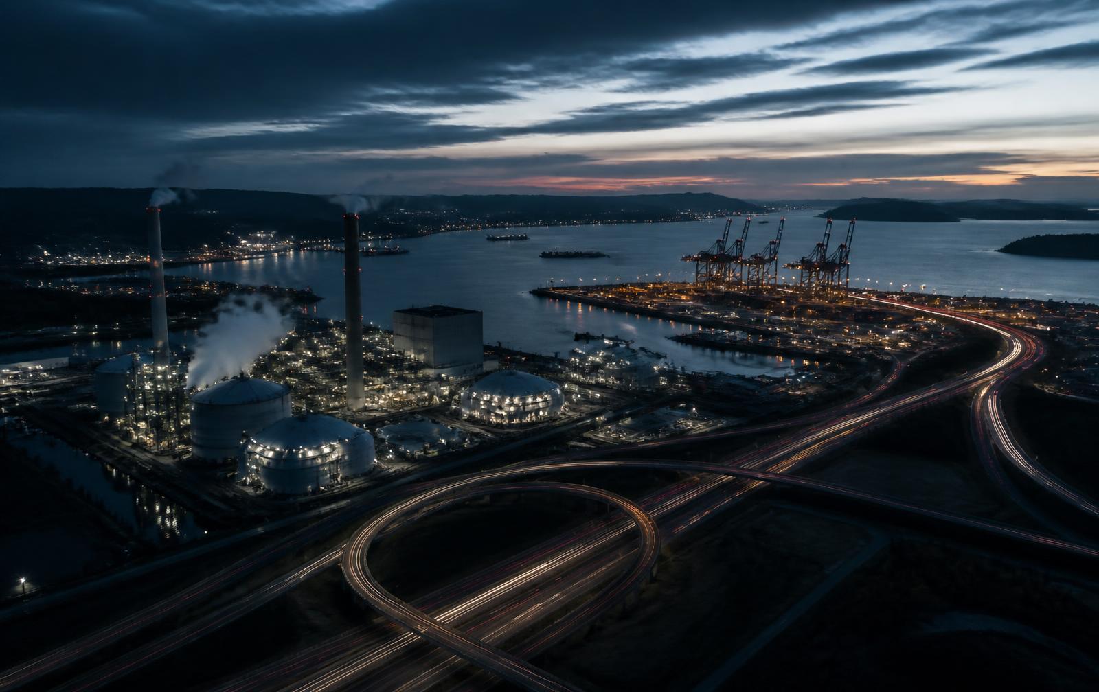Critical infrastructure, port operations and highway network at dusk