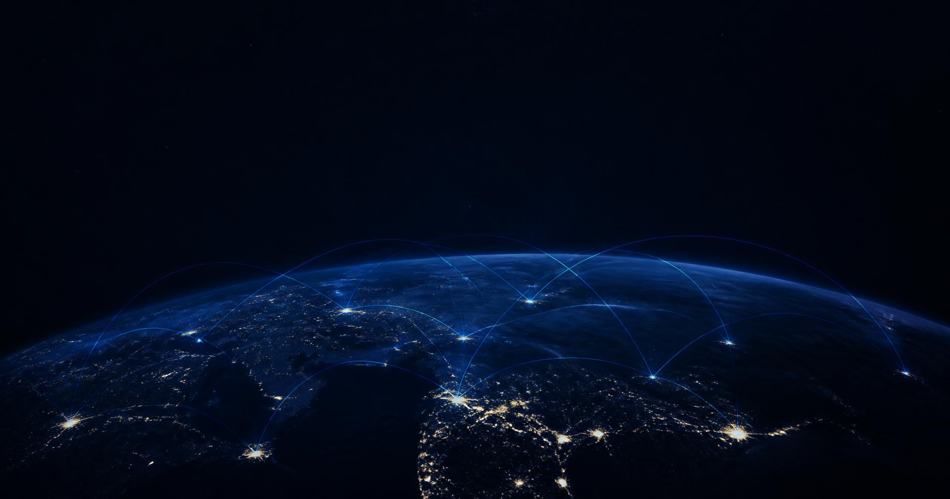 Earth at night with faint connection arcs across continents